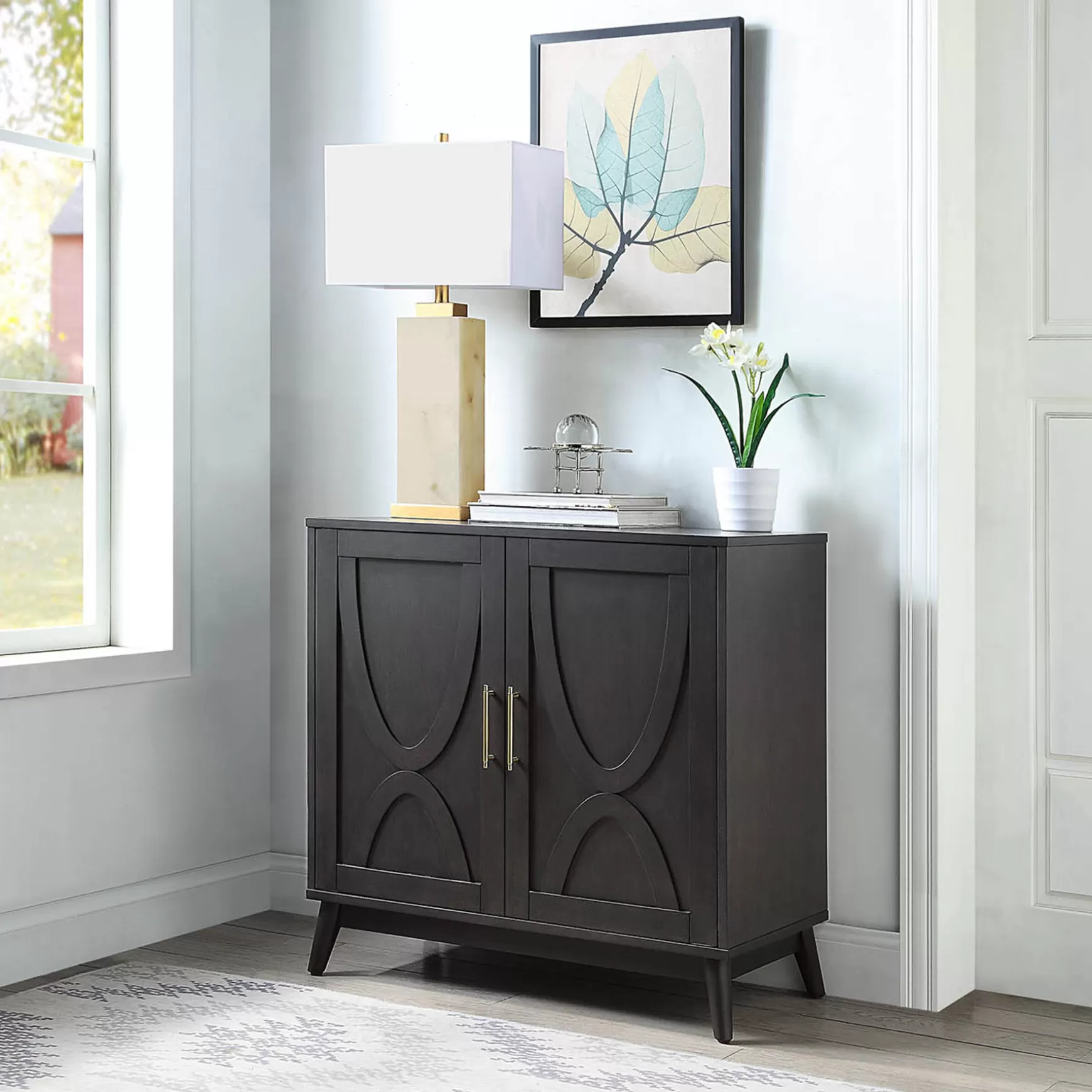 * Ezra 2-Door Dark Brown Cabinet With Gold Handle Opening Sales Discount