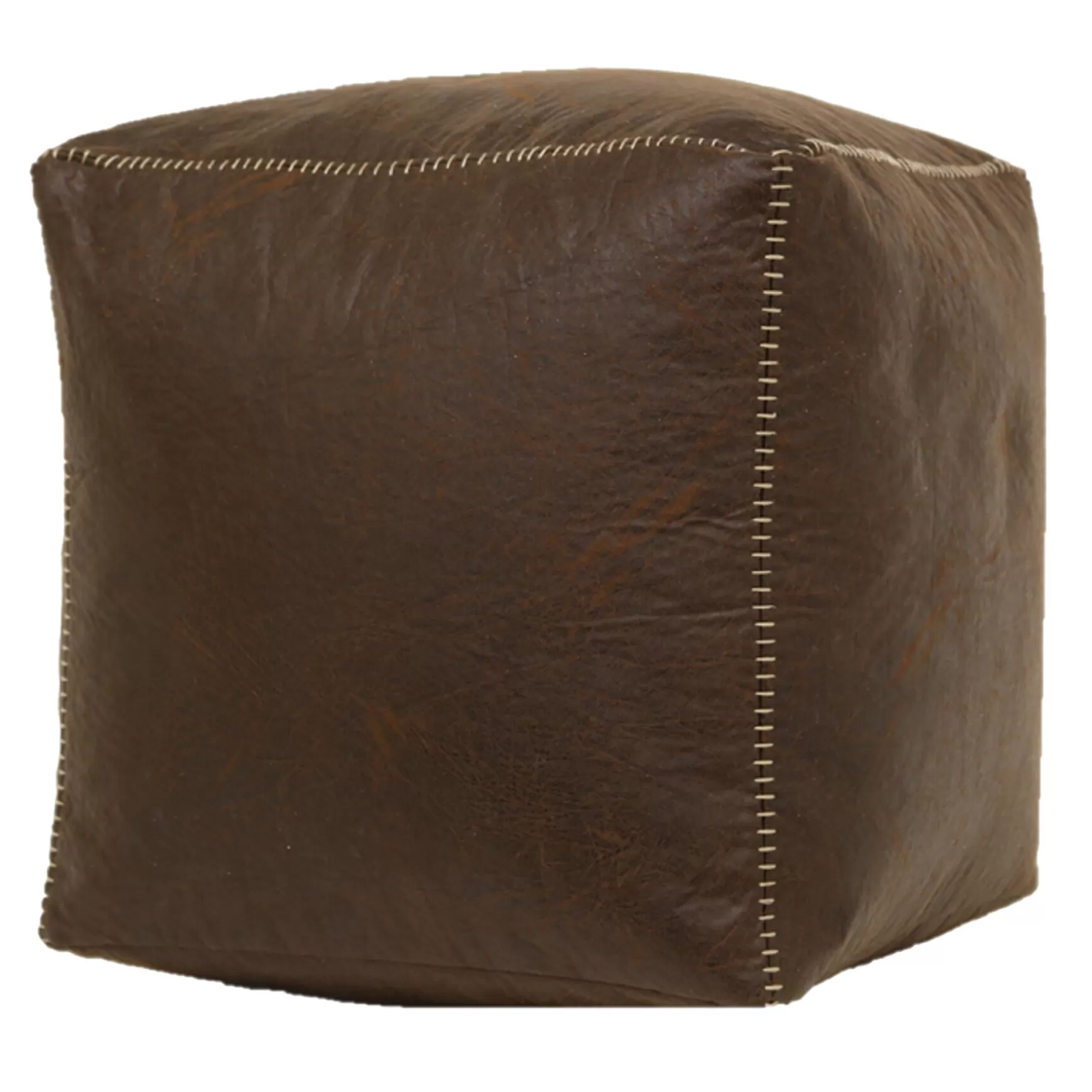 * Honeybloom Faux Leather Brown Pouf With Baseball Stitch Opening Sales Online