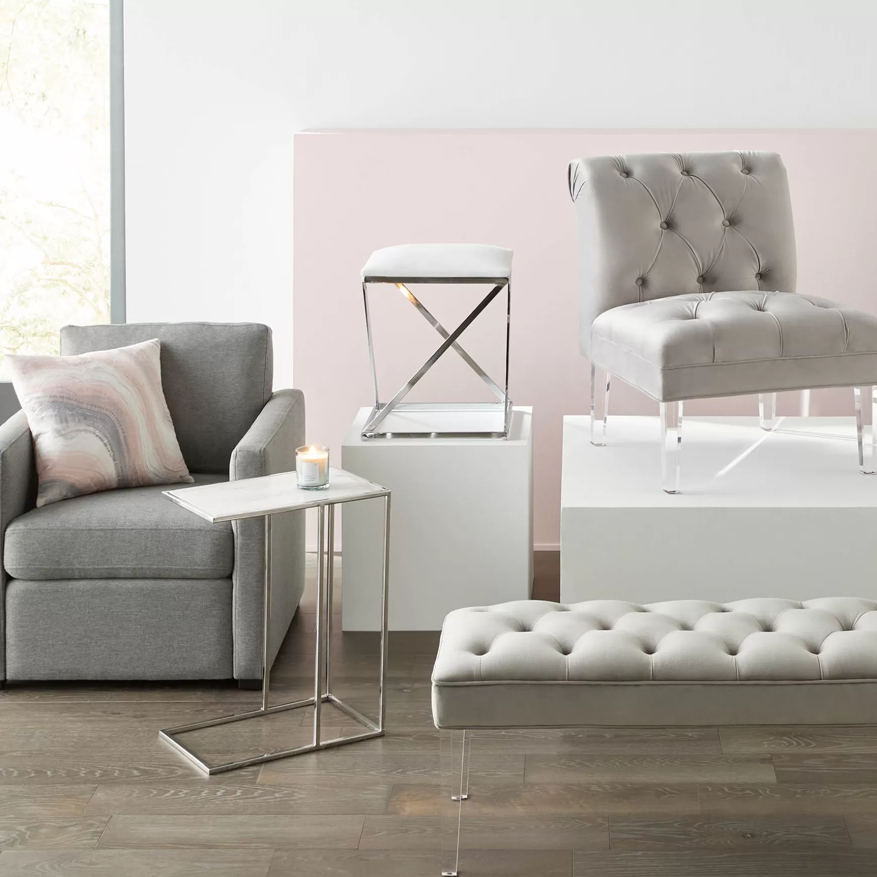 * Laila Ali Grey Tufted Accent Chair With Clear Acrylic Legs Outlet Hot