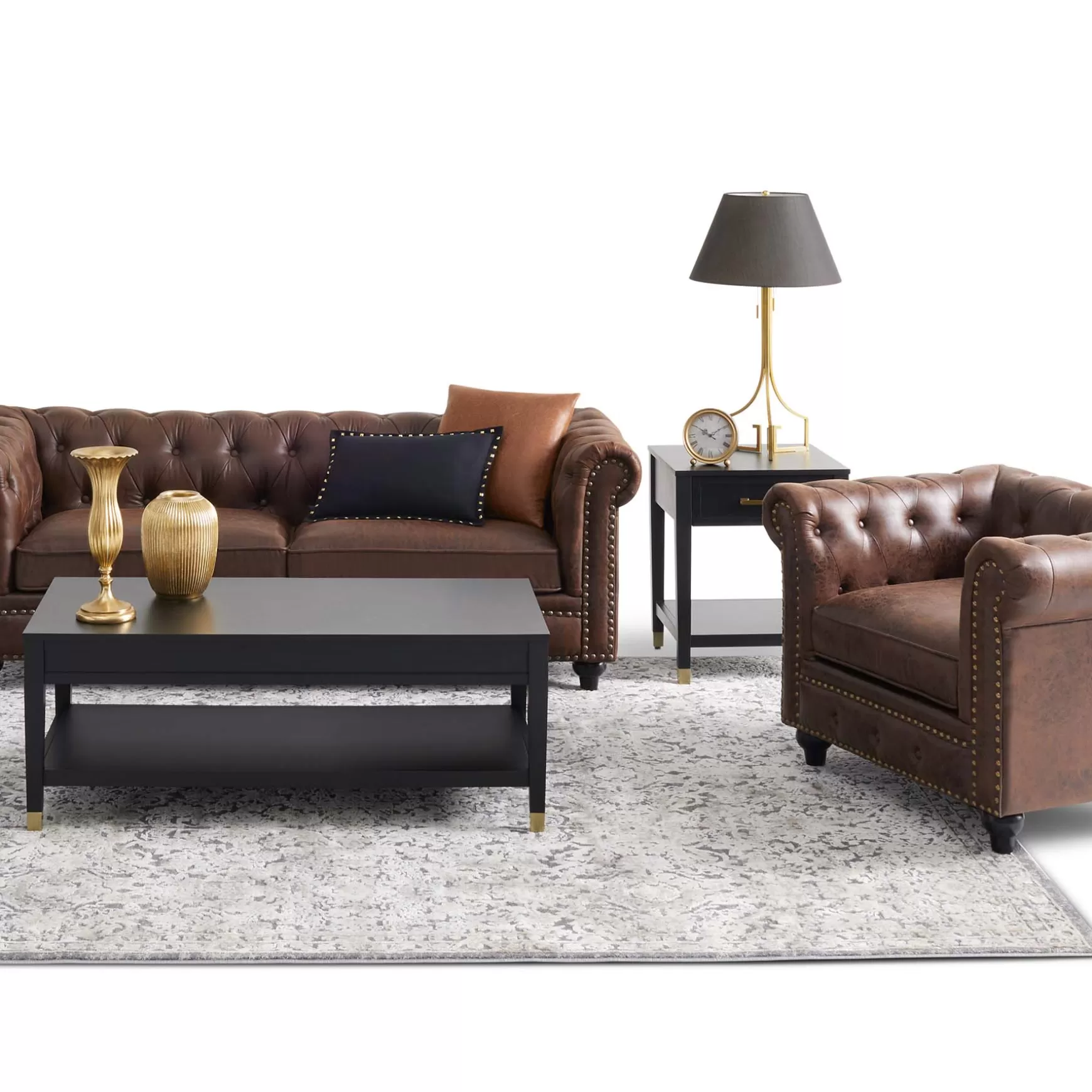 * Providence Chesterfield Tufted Brown Faux Leather Rolled Arm Chair Online Discount Outlet